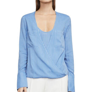 BCBGMAXAZRIA GINEVRA Striped Blue Scoop-Neck Wrap Hi-Lo Long Sleeve Blouse L